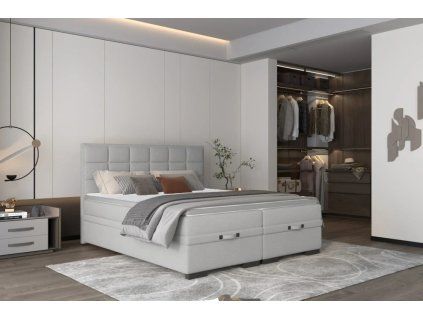 Svetlosivá boxspring posteľ 180x200 do spálne LOFTY, celkový pohľad