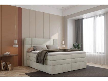 Boxspring posteľ SNUGGLE - béžová čalúnená - v modernej spálni - celkový pohľad