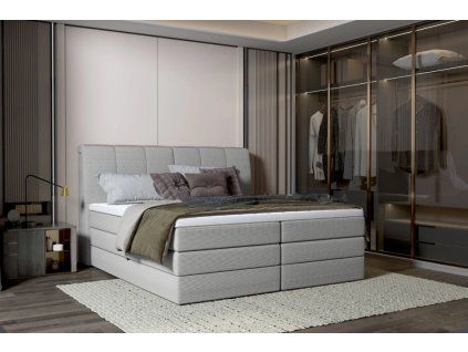 Boxspring posteľ DREAMO - sivá čalúnená - v modernom interiéri spálne - celkový pohľad