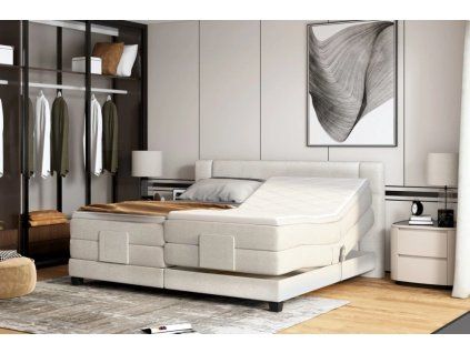 Béžová boxspring posteľ 180x200 do spálne EMBRACE, celkový pohľad
