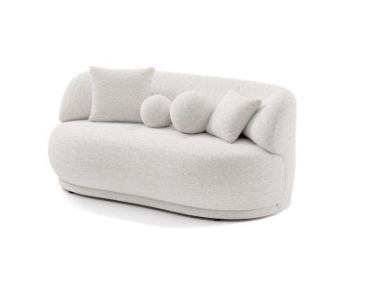 Pohovka do obývačky BLAZE mini sofa A5 svetlá béžová, oblý tvar s dekoračnými vankúšmi