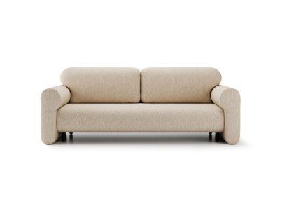 Rozkladacia pohovka MODELA SOFA v svetlom béžovom čalúnení, čelný pohľad na dva sedacie a dva chrbtové vankúše s rovnými podrúčkami.