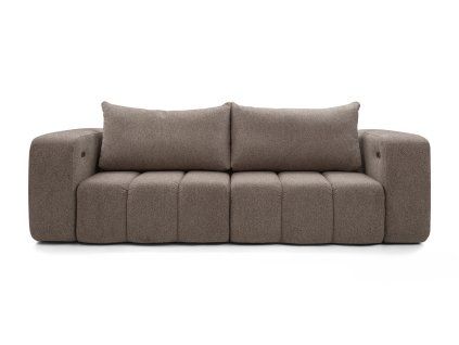 Rozkladacia pohovka SOFORA SOFA v hnedom čalúnení, čelný pohľad na široké sedáky a dva veľké chrbtové vankúše na bielom pozadí.