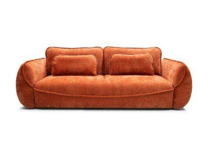 Rozkladacia pohovka COSMARA v prevedení sofa oranžová na bielom pozadí, čelný pohľad s operadlovými vankúšmi.