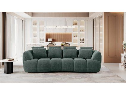Sofa TREES SOFA v luxusnej obývačke – tmavozelená látka, zaoblený tvar, sada vankúšov, pohľad spredu