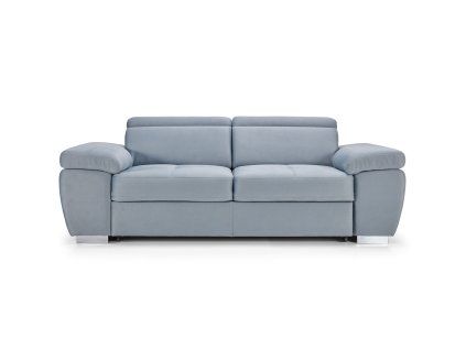 Pohovka ENY SOFA 3 na bielom pozadí v svetlomodro-sivom čalúnení, moderný trojsed s polohovacími opierkami hlavy a podrúčkami, pohľad spredu.