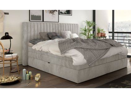 Sivá boxspring posteľ 180x200 do spálne MEDINA, celkový pohľad