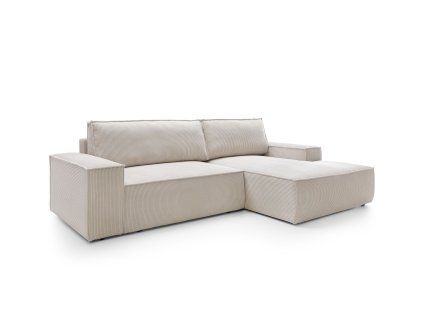 Rozkladacia rohová sedačka FABIO M v svetlobéžovom poťahu na bielom pozadí, šikmý pohľad na tvar L s otomanom a nízkym operadlom.