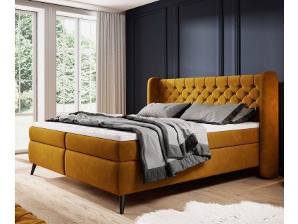 Horčicová boxspring posteľ 180x200 do spálne NOLAN, v moderne zariadenej spálni, celkový pohľad