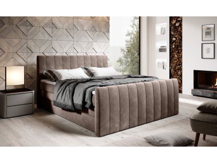 Boxspring posteľ LAPIA - hnedá čalúnená - v spálni - celkový pohľad