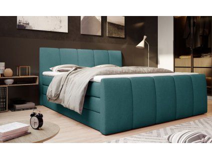 Boxspring posteľ MARY - zelenomodrá čalúnená - v modernom interiéri spálne - celkový pohľad
