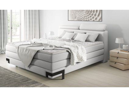 Boxspring posteľ PATRICIA - svetlosivá čalúnená - v modernej spálni - celkový pohľad