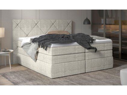 Boxspring posteľ REBECA - béžová čalúnená - v modernej spálni - celkový pohľad