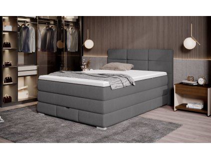 Boxspring posteľ - sivá čalúnená - v spálni - celkový pohľad