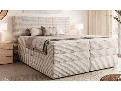 Boxspring posteľ BORA - béžová čalúnená - v spálni - celkový pohľad