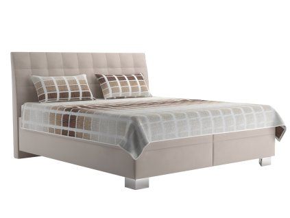 Béžová čalúnená posteľ 180x200 do spálne EXCLUSIVE Blanář, šikmý pohľad spredu na bielom pozadí s dekou a dvomi vankúšmi