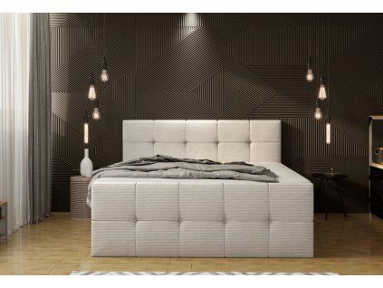 Čalúnená boxspring posteľ HERA - béžová - v tmavom interiéri spálne - pohľad spredu