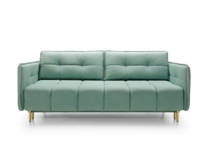 Rozkladacia pohovka FOMAX SOFA v mentolovo-zelenej farbe, čelný pohľad na prešívané sedáky a vysoké nožičky na bielom pozadí.