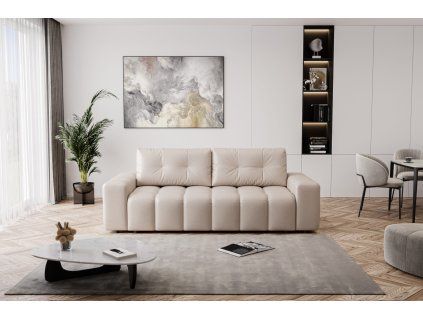 Rozkladacia pohovka MUSCA SOFA v interiéri obývačky, béžové čalúnenie s ozdobným prešívaním na sedáku a operadle, pohľad spredu.