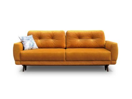 Rozkladacia pohovka SION SOFA v teplej horčicovej farbe, čelný pohľad na prešívané operadlo a sedák na bielom pozadí.