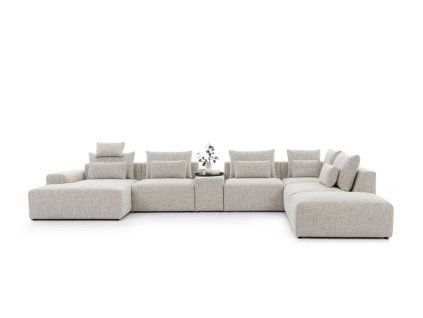 Sedacia súprava do U LUNA U2 (OBL + 1,5 + PANEL + 1,5 + R + 1,5KP + PUFA) v svetlom čalúnení na bielom pozadí, čelný pohľad na účko s pufou a voľnými vankúšmi.