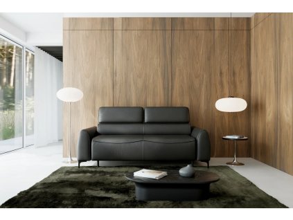 Čierna rozkladacia pohovka ULTRA sofa v obývačke pri veľkých oknách a drevenej stene, čelný pohľad.