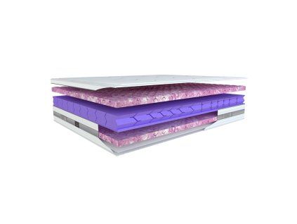 Matrac COLLAGEN LUXURY, rez jadrom s fialovými vrstvami pien a profilovaním, pohľad zhora pod uhlom na bielom pozadí.