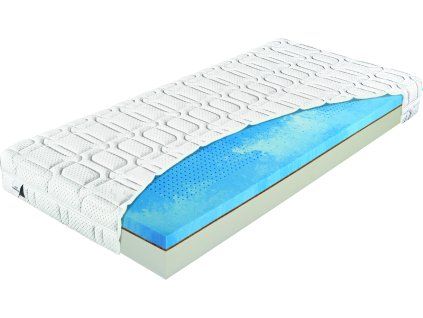 Matrac Hydrolatex Duo, rez jadrom s modrou vrchnou vrstvou a bielym poťahom, pohľad zhora pod uhlom na bielom pozadí.