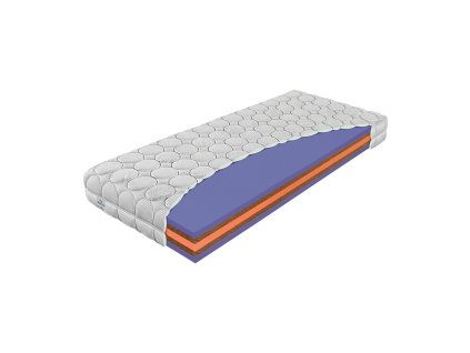 Matrac LAVENDER MAXI, celkový pohľad s odkrytým rezom penového jadra a dvoma kokosovými vrstvami.