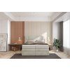 Boxspring posteľ SNUGGLE v béžovom čalúnení, celkový pohľad spredu v spálni.