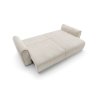 Rozkladacia pohovka SCANDORA XL SOFA rozložená na lôžko, rovná spacia plocha v svetlom čalúnení, pohľad zhora pod uhlom.