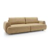 Rozkladacia pohovka VELORA SOFA priamy pohľad spredu na béžové čalúnenie a valcové bočnice, biele pozadie.
