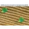 Nano impregnácia textilu a kože, dve zelené kvapky na svetlom štruktúrovanom textile.