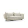 Rozkladacia pohovka COMFORA sofa svetlá s vankúšmi na bielom pozadí, šikmý pohľad spredu