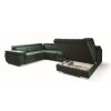 Rozkladacia sedačka v tvare U ENY U na bielom pozadí, otvorený úložný priestor v otomanovej časti, detail mechanizmu a úložného boxu.