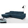 Animácia tmavomodrej rohovej sedacej súpravy LUCIA malý roh s leňoškou, ukážka otvorenia úložného priestoru na bielom pozadí