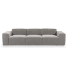 Pohovka CLOUD SOFA 3 na bielom pozadí v sivom čalúnení, trojsed s nízkym operadlom a širokým sedákom, pohľad spredu.